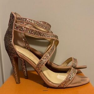 Jessica Simpson Glitter Strappy Heels in Tan